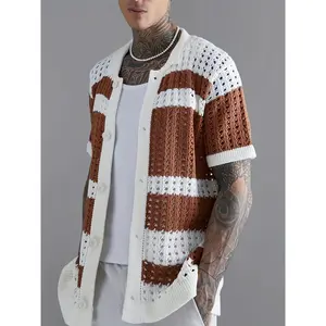 Men's Casual Striped Knit Cardigan with Eyelet Design, Short Sleeve Collar, Button-Up Front, Brown & White Color Block, Lightweight Summer Sweater for Adults, Stylish Layering Piece |   Button-up Cardigan |   Semitransparent Fabric, Lightweight Cardigan,