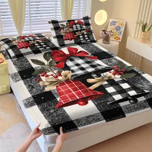 3-Piece Christmas Themed Printed Fitted Sheet Set, Christmas Gift，Black and White Checkered Christmas Bell Pattern Bedding Set, Fashionable, Soft, Comfortable, Breathable, Christmas Carnival, Happy New Year, Including 1 Fitted Sheet and 2 Pillowcases