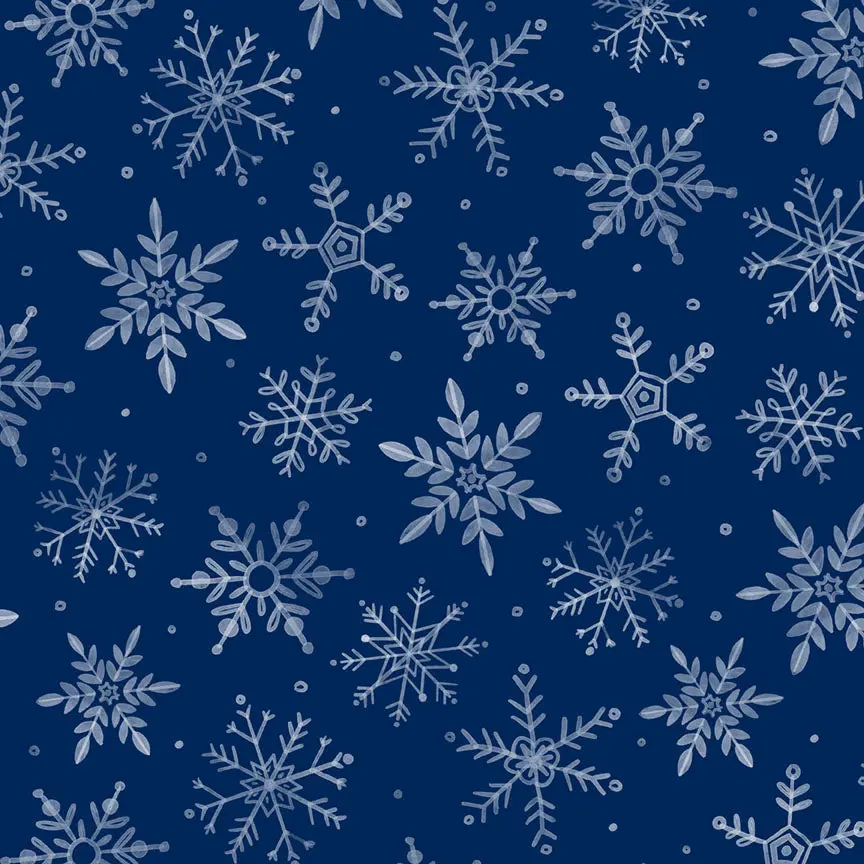 Fabric P & B Textiles Dark Blue Snowflakes First Frost 108" Wide Back by the Quarter Yard 6298-DB
