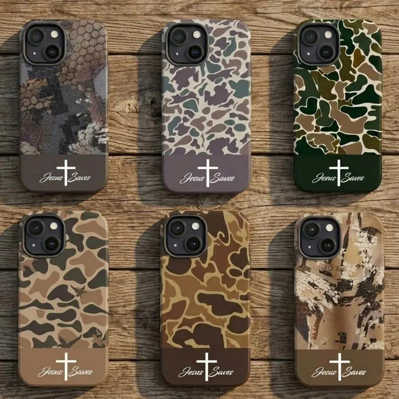 Jesus Saves Camo Phone Case | Christian Cross Tough Protective Cover for iPhone 17 16 15 14 13 12 11 Pro Max & Samsung Galaxy S25 S24 S23 S22 Ultra
