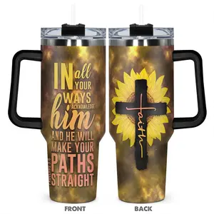 Sunflower & Cross Pattern Tumbler, 1 Count Stainless Steel Reusable Vacuum Insulated Cup, Durable Water Bottle for Home Office Outdoor Camping, Drinkware