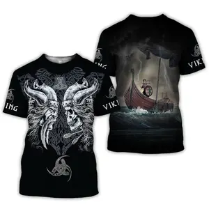 Men's Short-Sleeve T-Shirt: Retro Dark-Style Viking Double-Sided 3D Print – Loose, Casual Top Inspired by Euro-American Biker and Hardcore Subcultures