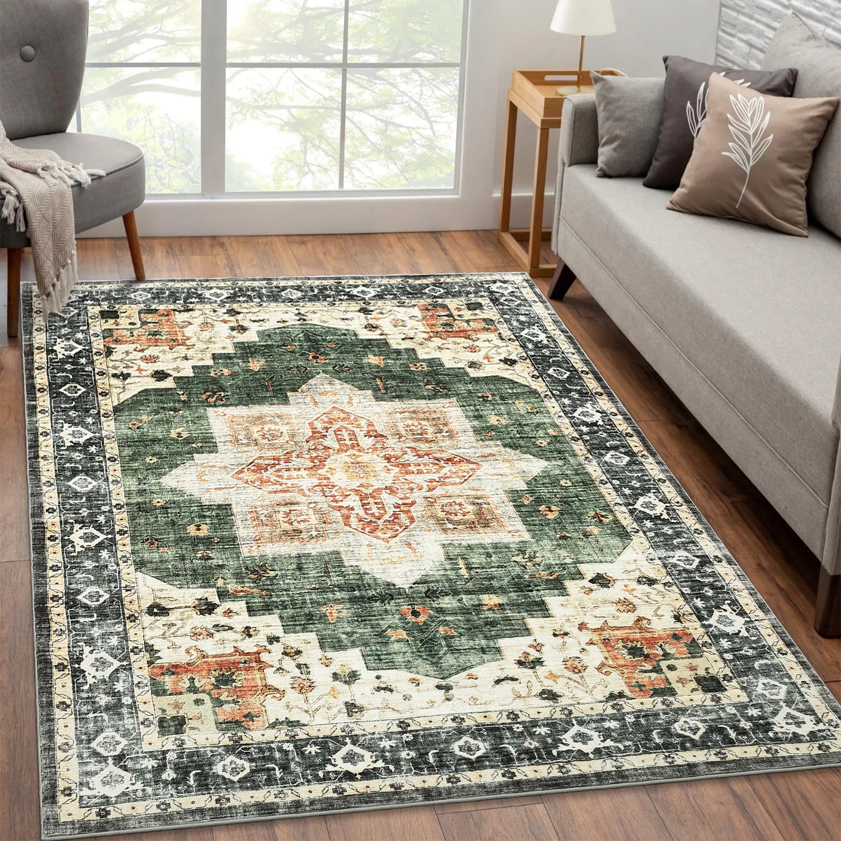 Washable Area Rug Vintage Distressed Carpet Foldable Indoor Carpet Home Decorative Carpet Stain Resistant Non-slip Carpet Low Pile Soft Carpet for Living Room Bedroom Dining Room Kitchen