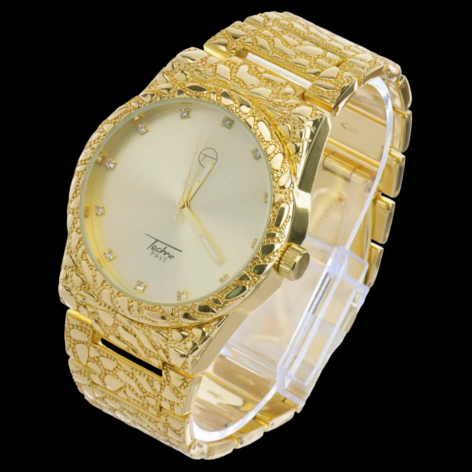 MaxBling81 Men's 43mm Round Face Blue Dial Iced Gold Hip Hop Luxe Watch - Shiny Metal Band, Fold Over Lock, Fashionable Waterproof Quartz Wristwatch, Fashionable Waterproof Watch, Quartz Watch