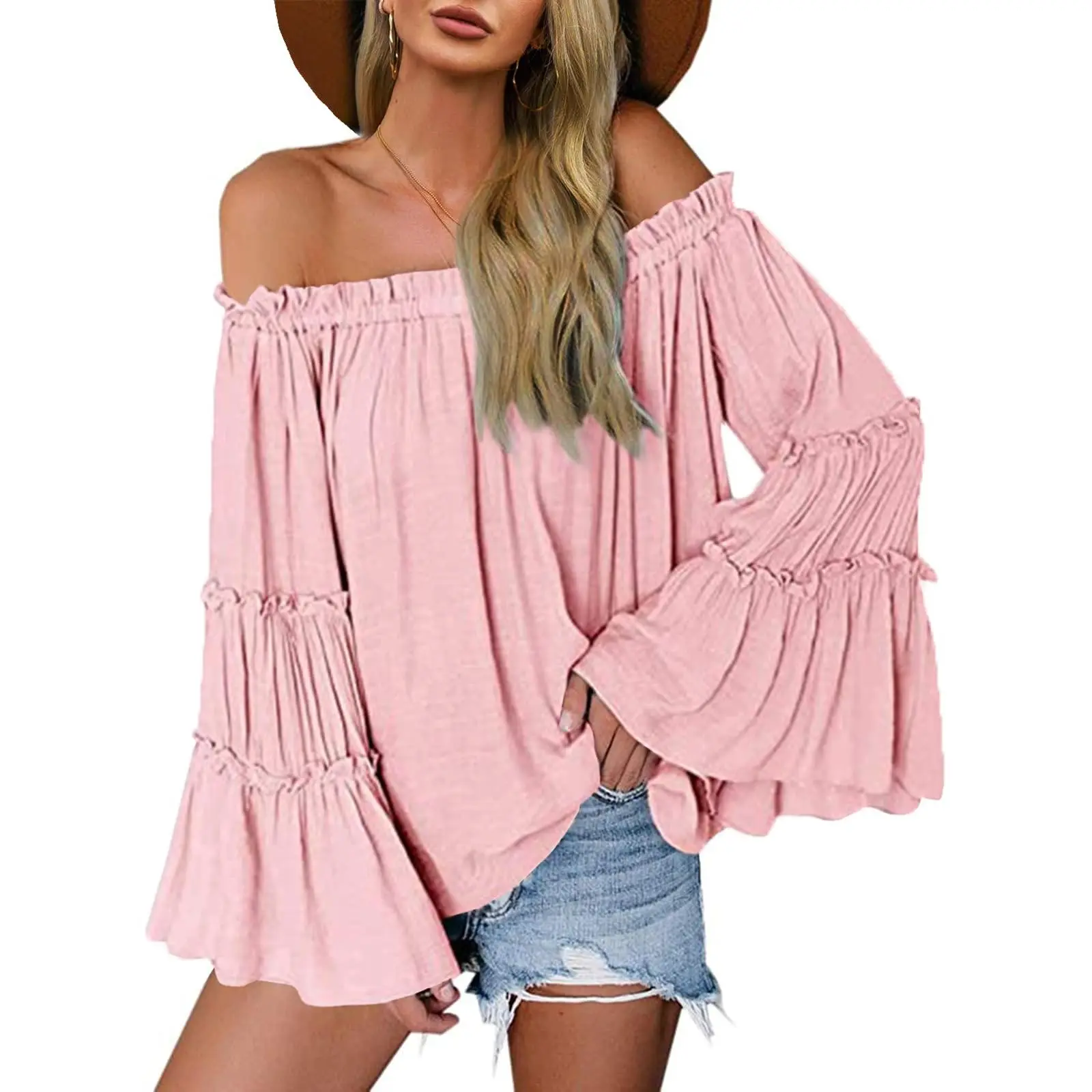 Goranbon Womens Off The Shoulder Long Bell Sleeve Tops Flared Casual Loose Blouse