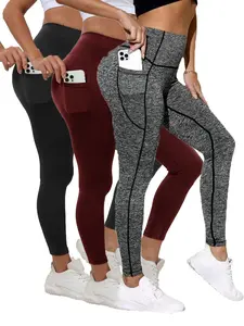 Women's Solid High Waist Pocket Sports Leggings, Sporty Comfy Breathable Pants for Yoga Gym Workout, Ladies Sportswear for All Seasons