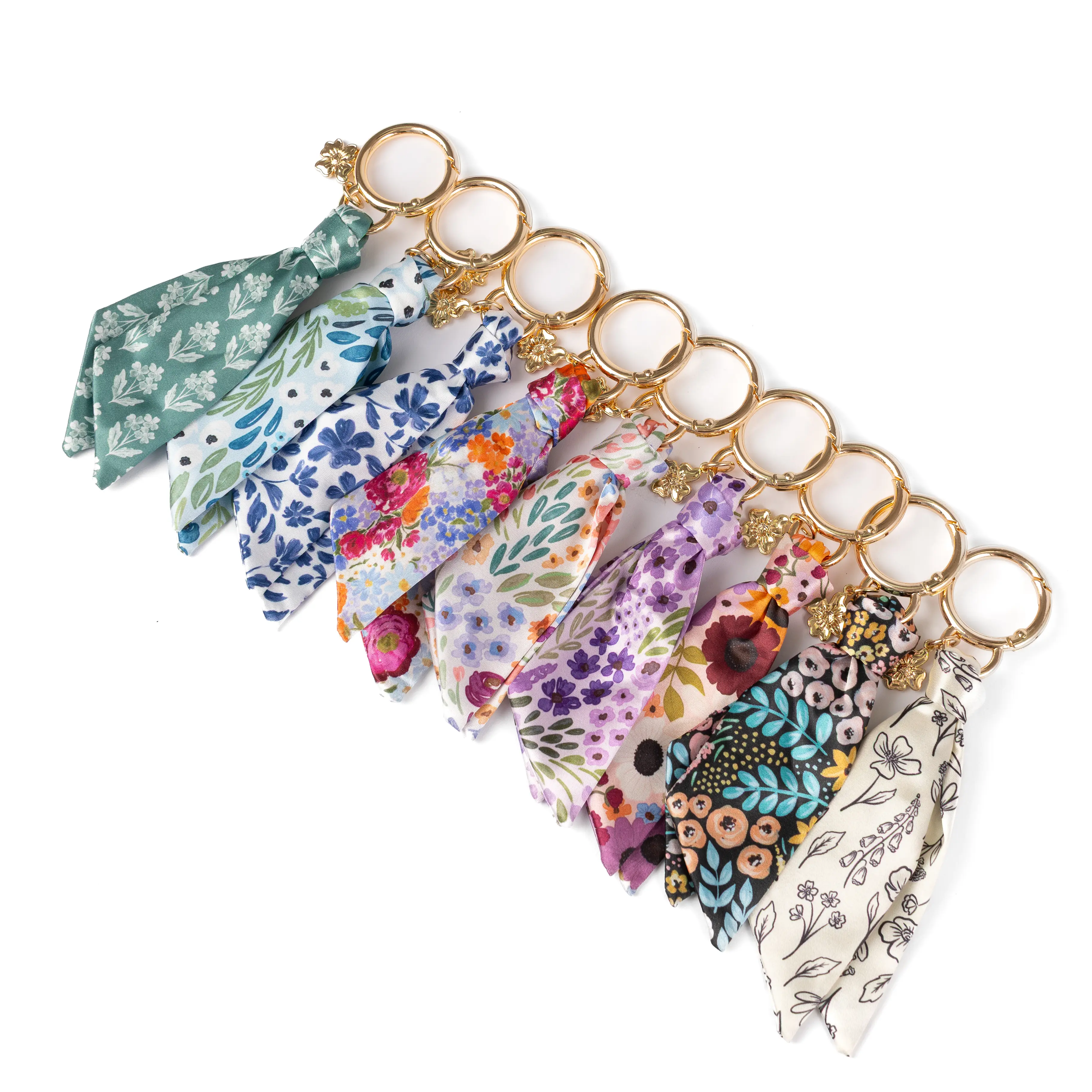 Women's Floral Satin Keychain - Satin Tie, Gold Ring Detail, Cute Keychains for Women, Custom Charm, Everyday Wear Floral Prints, Bag Accessory for Purses/Backpacks
