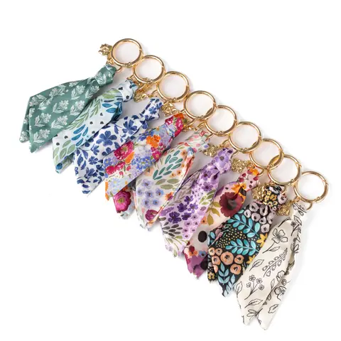 Floral Satin Keychain | Trendy Bag Charm | 4" Satin Tie with Gold-Tone Metal Details | Floral Charm | Bag Charms for Purse| Keychain Accessory for Keys/Purses/Backpacks