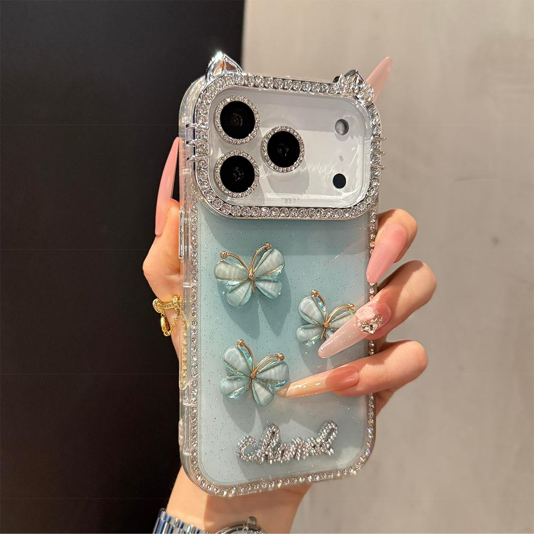 DIY Glitter Clear Phone Case with 3D Butterfly & Rhinestone Charms, Bling Cat Ear Diamond Frame Customizable Protective Cover for IP 17 PROMAX junk