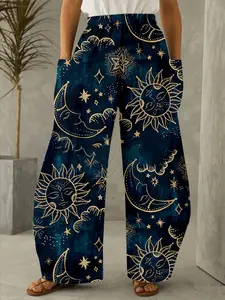 Plus Size Women's Printed Wide Leg Boho Casual Pants, Casual High Waist Loose-Fitting Trousers, Comfortable Fashion for Daily Wear