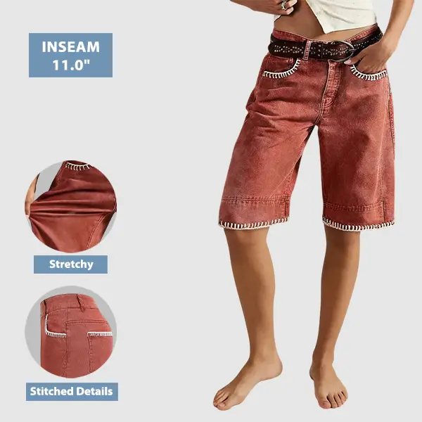 Flamingals Stitch Detail Mid Waist Bermuda Shorts Without Belt Stretchy 11.0'' Inseam