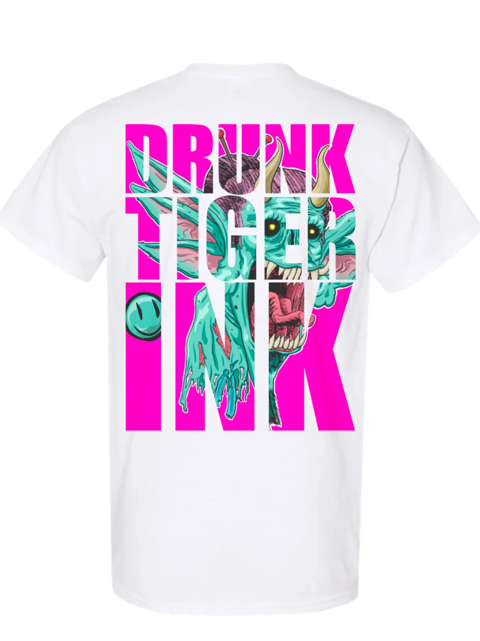 Goblin Trophy Hand-Drawn Grunge Style T-Shirt with Magenta Background and Drunk Tiger Text