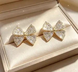 Micro Paved Bow Stud Earrings - Korean-Style Cute Costume Jewelry, Trendy Minimalist Fashion Accessories with Bow Shape for Daily Wear, Commute
