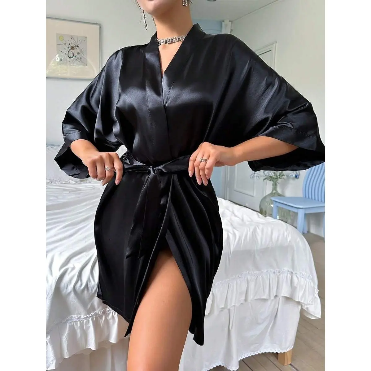 Chic Satin White Robe for Women – Belted V-Neck Sleepwear for Bridesmaids, Spa & At-Home Lounging
