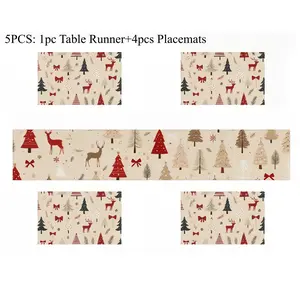 5pcs Christmas Festive Deer Tree Pattern Table Runner and Placemats Set, Decorative Dining Table Setting, Great for Seasonal Holiday Parties, Family Gatherings, Ideal for Indoor Outdoor Use, Daily Kitchen Decor