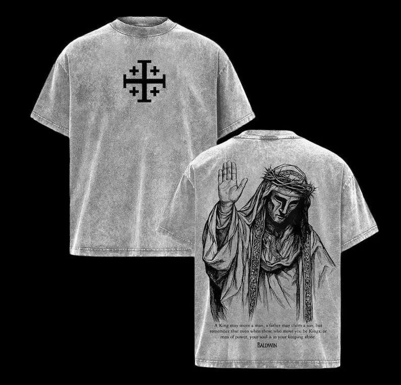 Vintage Washed Medieval Crusader King Graphic T-Shirt, Jerusalem Cross Knight Tee, Historical Streetwear Shirt