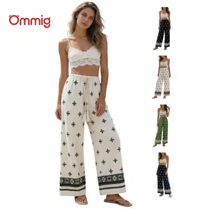 Ommig Women's Wide Leg Palazzo Pants Made with Linen 2026 Summer Boho Floral Trousers Spring Flowy Beach Vacation Clothes Resort Wear