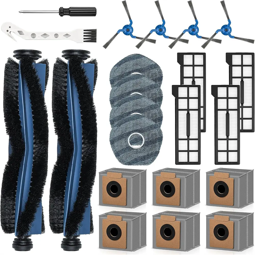 22 replacement parts for the X10 Pro Omni robot vacuum, including 2 main brushes, 4 filters, 6 dust bags, 4 mop pads, 4 side brushes, 1 cleaning brush, and 1 screwdriver