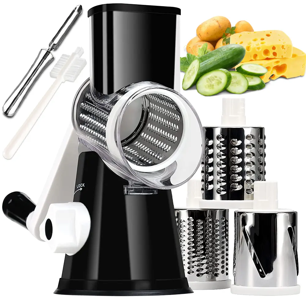 summerwins Rotary Hand Cheese Grater - Kitchen Utensil with Safe Handle, 3 Stainless Steel Blades, Tilted Base for Shredding Cheese, Potatoes, Zucchini and Cooking,summerwins