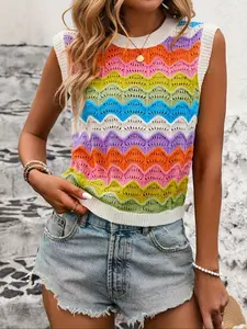 Women's Fashion Elegant Outdoor Knit Vest, Round Neck Colorblock Wave Stripe Hollow Out, Fitted Sleeveless Sweater for All Seasons