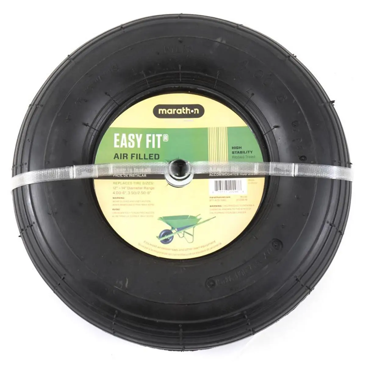 Marathon 4.00-6 Easy Fit Wheel Assembly, Universal Air-Filled Replacement for Wheelbarrows & Carts, Includes Spacers for 1.75 in. & 3 in. Hubs, Ribbed, Nylon Bearing, 1.75 In. Hubs, Manual Pump, Pneumatic Tire, Residential, 13 In.