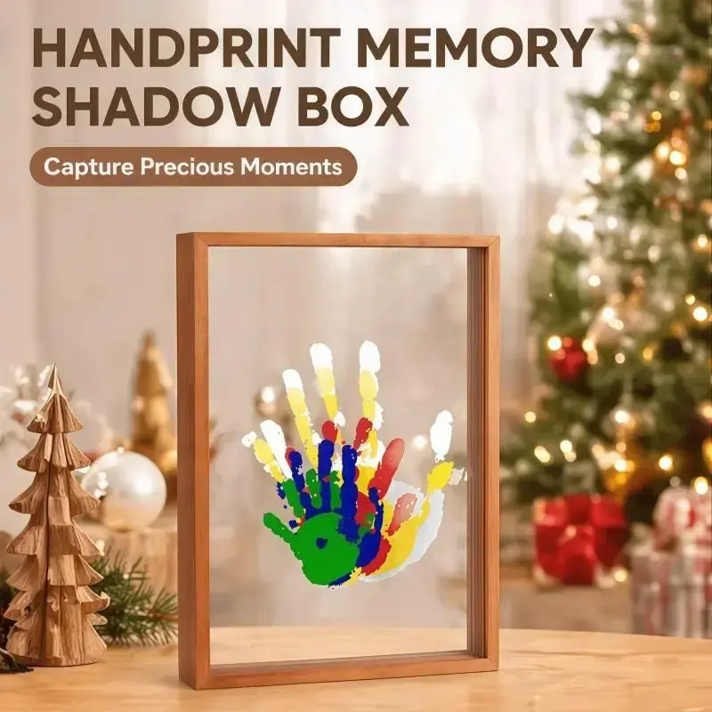 Wooden Transparent Handprint Memory Shadow Box Kit, DIY Craft Family Memorial Gift, Acrylic Board, Colorful Paints, Holds Up to 4 Handprints