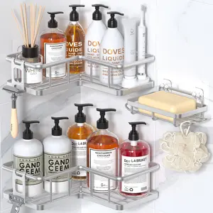 3/5 Pack Wall-Mounted Shower Holder No Drill Bathroom Shower Organizers with Removable Hooks Rust Proof Shower Shelves caddy Easy to install Large Capacity For Kitchen Storage、Bathroom Storage and Cosmetics Storage