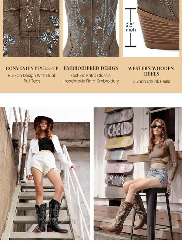 Athlefit Women's Embroidered Western Cowboy Boots Fashion Pointed Toe Chunky Heel Mid Calf Cowgirl Boots Walking Shoes Footwear