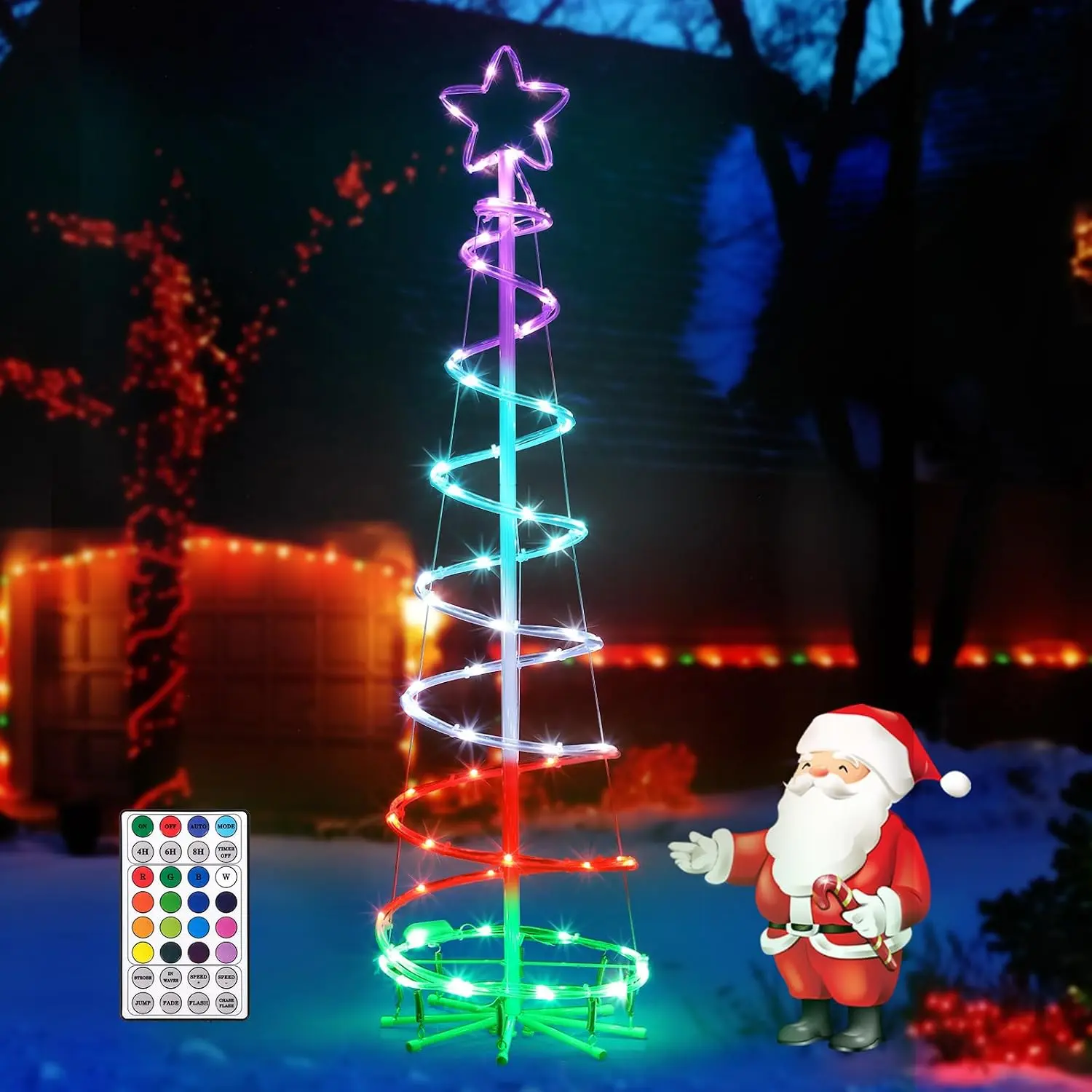 4FT Multicolor Animated LED Outdoor Christmas Spiral Tree Show, Color Changing Outdoor Lights with Remote Control, Star Topper, Light-Up Artificial Decoration & Ornaments for Lawn, Garden Residential Holiday Events