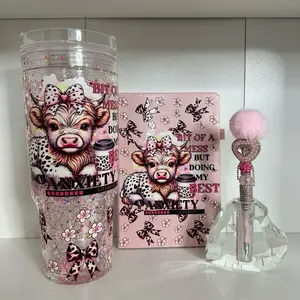 Live Claim Only 3 Pieces Set 40oz Snow Globe Tumbler with Pink Cow Design Notebook and Pen