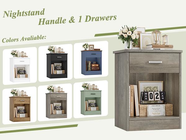 FOTOSOK Nightstand Set of 2, Nightstad with Drawer and Storage Cabinet, Wooden Night Stand End Table Bedside Table for Bedroom, 2 Pcs