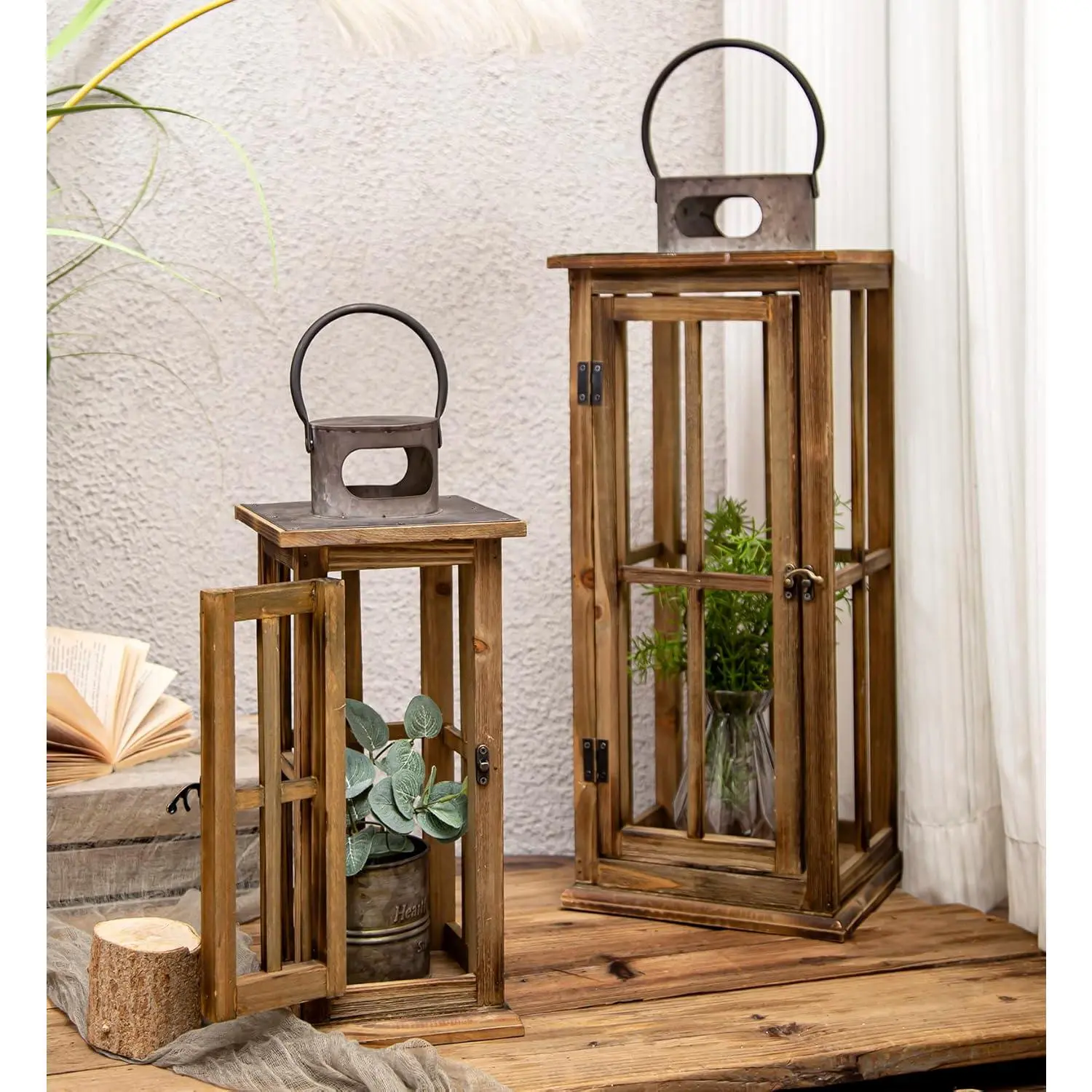 Large Farmhouse Wooden Metal Lantern Set of 2, Rustic Decorative Floor Candle Lanterns,  Distressed Hanging Lanterns for Home Decor (No Glass)