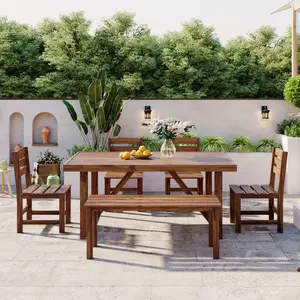Outdoor Dining Set for 6, Acacia Wood Patio Dining Table Set with Bench and 4 Chairs for Balcony, Backyard, Garden, Natural