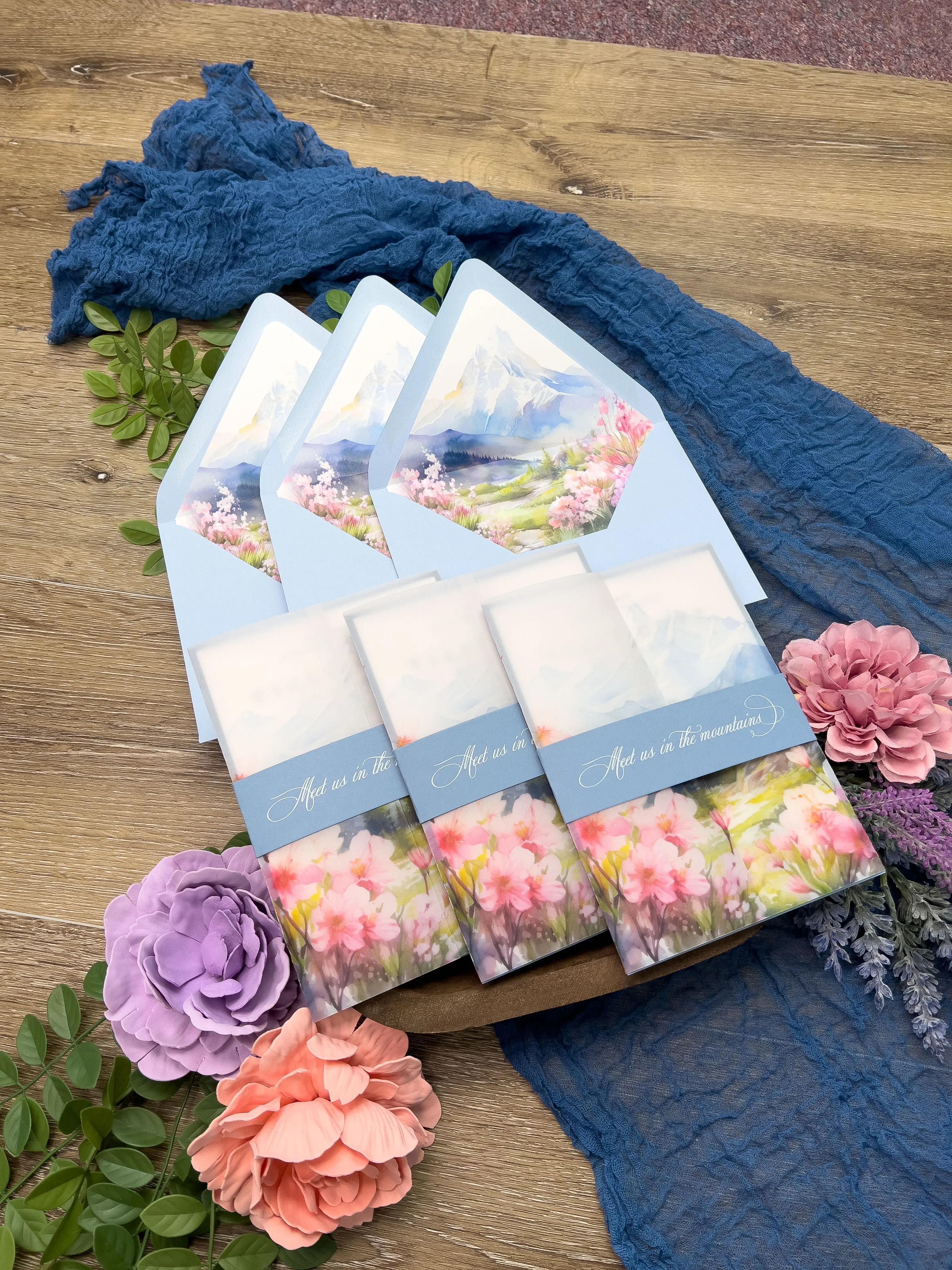 Spring Wildflower Colorado Mountain Wedding Invitation suite, with vellum jacket and envelope liner