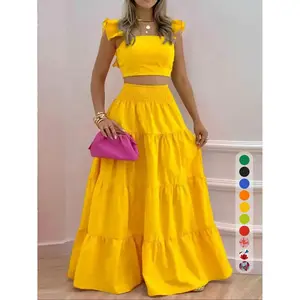 Women's solid color/printed shirt top and long skirt two-piece set, Bohemian fashionable casual top and skirt, suitable for daily vacation wear, women suitable for summer wearRAIMENTRY