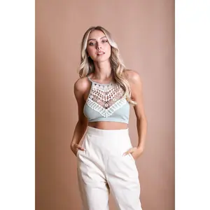 Soul Flow Apparel Crochet Lace High Neck Bralette Halter Style with Cross-Back Bohemian Plain Pattern Soft Breathable Materials