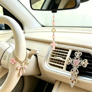 3 count Christian  Accessories for Women - Rear View Mirror , Steering Wheel Rosary Charm & Air Vent Clip - Cute Girly Bling  Decor ()