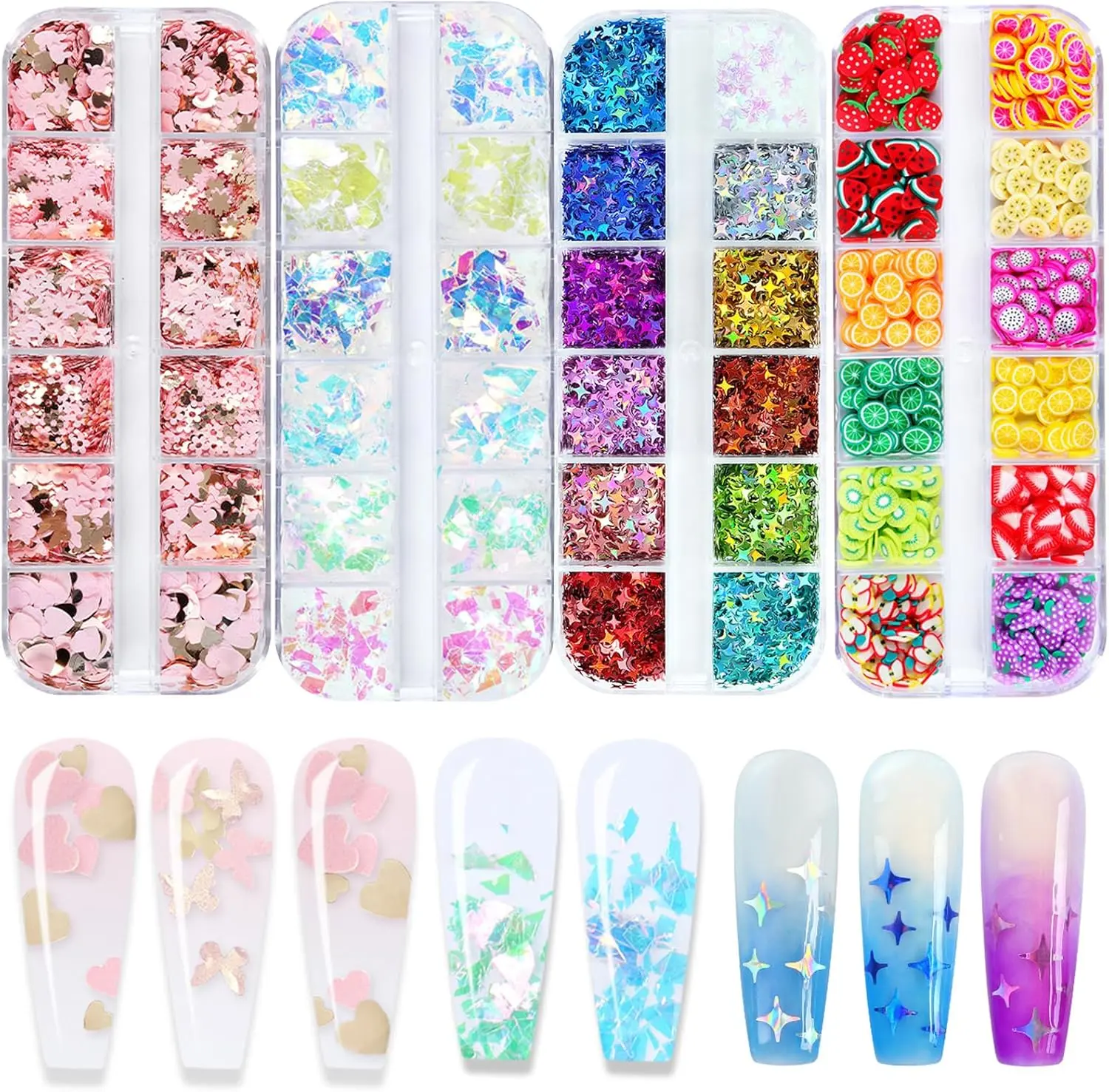 4 boxs Holographic Nail Sequins Glitter Set, Colorful Flower Butterfly Heart Star Nail Flakes, 12 Grids Mixed Shape Nail Art Charms for DIY Manicure Salon Decorations