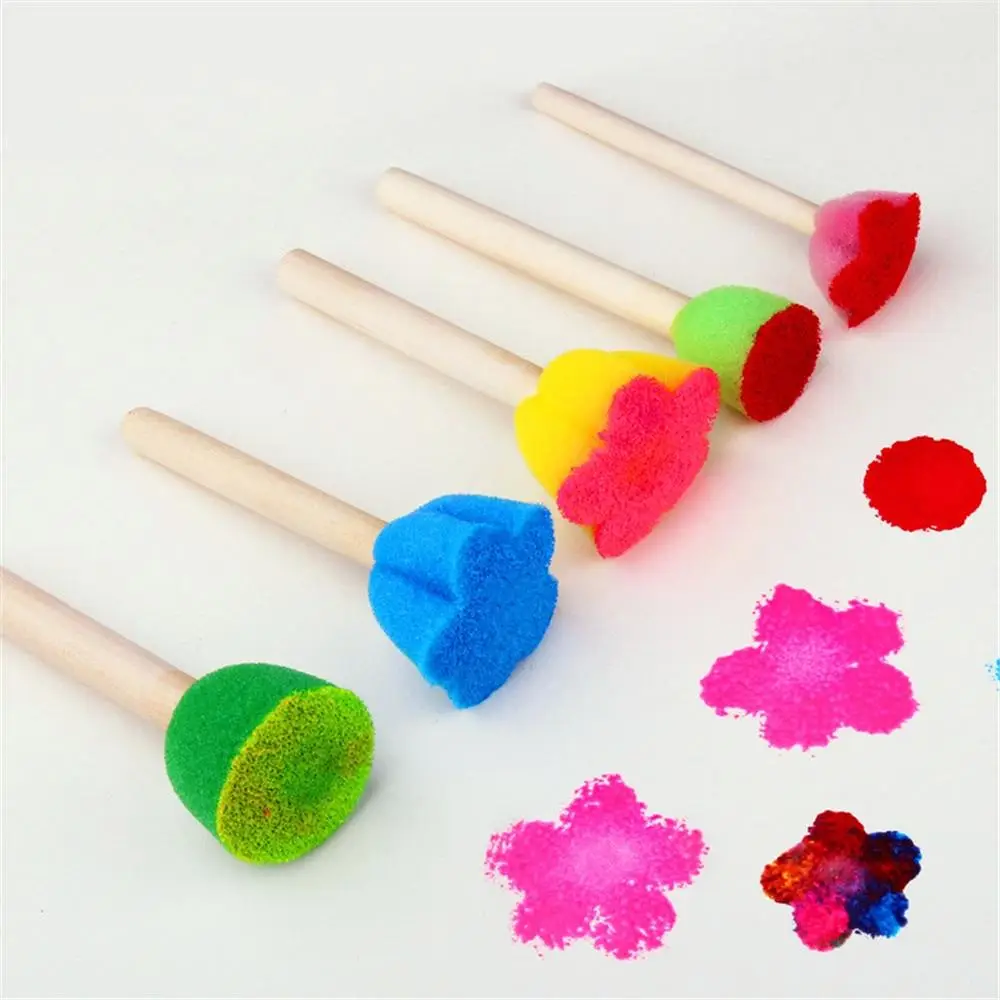 5pcs/set Random Color Kids Sponge Stamp Brush Kit, Paint Learning Sponge Brush, Print Pattern Brushes with Wooden Handle, Art Supplies, DIY Kit, Craft