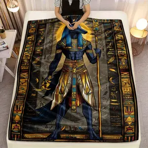 1Pc Egyptian Anubis Digital Print Flannel Blanket - Lightweight Soft & Warm All-Season Throw For Sofa, Bed, Travel, Camping, Office - Contemporary Home Decor With Hieroglyphic Motifs, Wearable Blanket, Camping Warmth Accessory, Decorative Bedding, Detaile