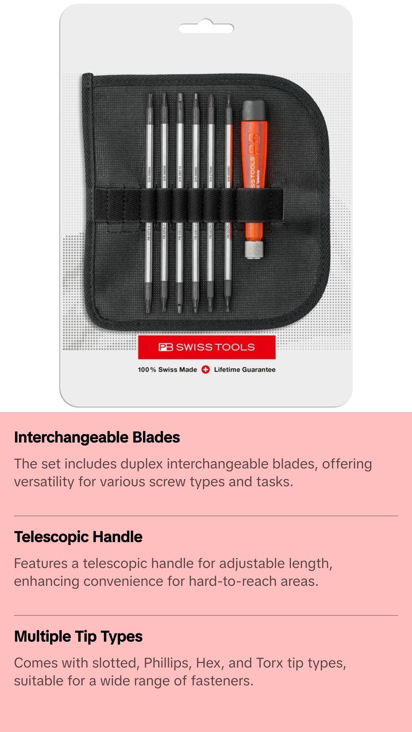 PB Swiss PB 513 Screwdrivers, Set with Telescopic Handle and Duplex Interchangeable Blades in a Compact Roll-Up Case