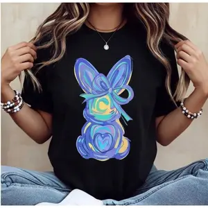 Casual Women's Round Neck Short Sleeve T Shirt with Easter Bunny Bow and Colorful Swirls Print for Spring Festival Holiday Comfortable Soft Daily Wear Tee