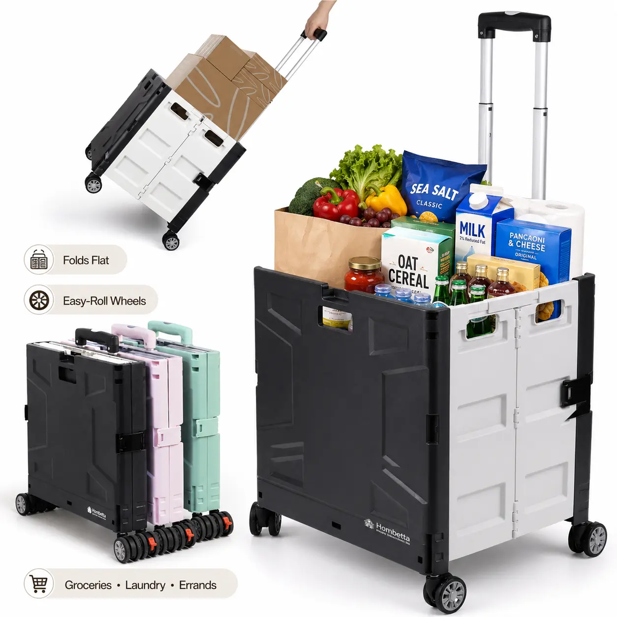 Black/Pink/Green Portable Convenience Cart, Foldable Rolling Cart with Lid & Wheels, Space Saving Storage Cart, 165 Pound Capacity Utility Cart for Shopping, Grocery Runs & Car Trunk Storage Adjustable Lid Organizer