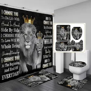 1/4pc Lion Family Theme Bathroom Decor 4-Piece Set, including shower curtain, toilet seat cover, bath mat, and toilet seat cover, bathroom decor items, Bathroom Decoration Accessories