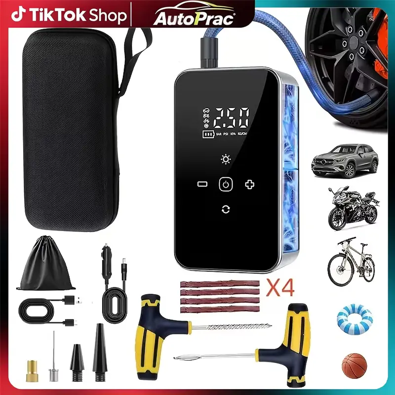 【ToolUpgrade】Portable Air Compressor Tire Inflator - 180PSI Portable Cordless Mini Air Pump with Digital Pressure Gauge, 3X Fast Inflation and Auto Shutoff Function, Suitable for inflating Balls, Motorcycle, Bicycle and Car Tires - Tire Repair Tool Set