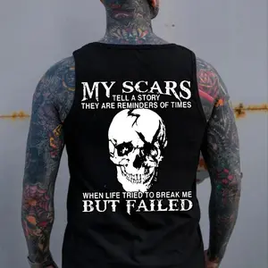 Men's Skull Letter  Graphic Tee Funny Slogan Black Black Print Tank Top- Tattoo Street Wear Casual Cotton Shirt, Unisex, Minimalist Style, Trending for Men & Women