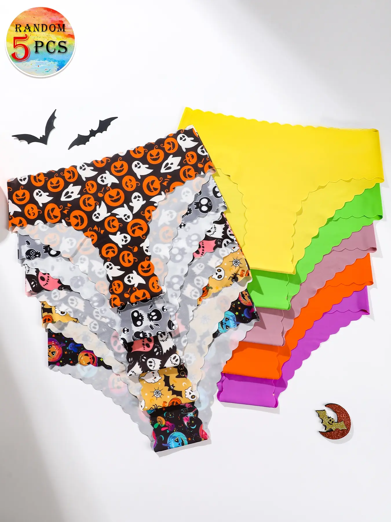 5-Pack Random Color Halloween-Themed Women's Briefs with Wavy Edges, Full Print Pumpkin and Skull Triangle Panties, Slim Fit, Comfortable and Sexy Women's Holiday Underwear