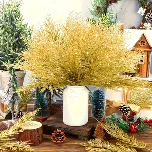 20 Artificial Christmas Leaves Glitter Pine Branches DIY Decorations, Faux Fern Leaves for Wedding Wreaths, Holiday Floral Accents