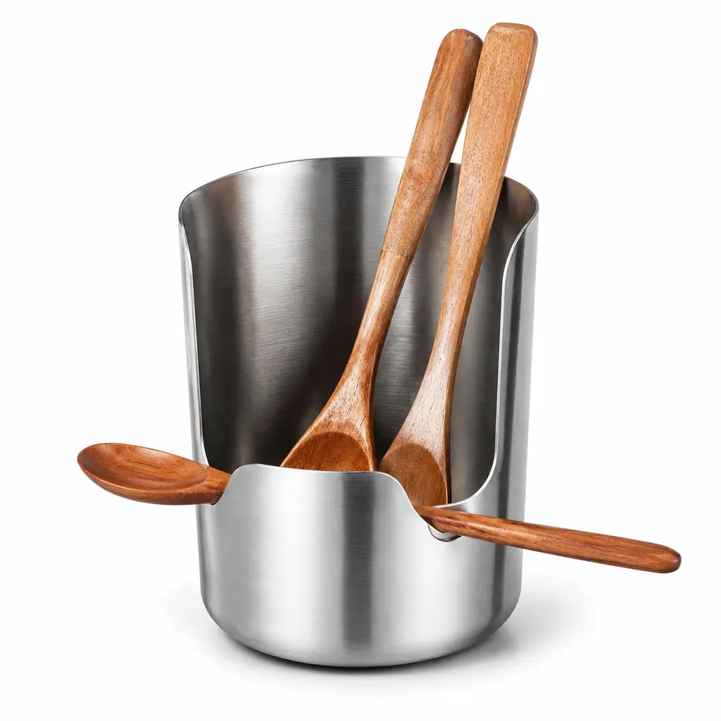 Stainless Steel Utensil and Pot Lid Holder, 3.93 Inch Spoon Rest with Curved High-Back and Front Tool Cradle, Cutting Board Stand for Kitchen Counters and Prep Areas, Silver