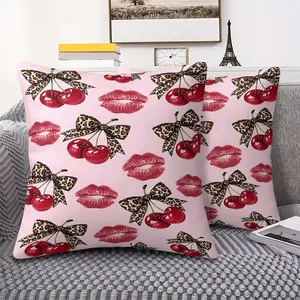 Fashion Cherry Bow Throw Pillow with Digital Print, Featuring Glossy Red Cherry Clusters Tied with Leopard-Print Bows & Plump Lipstick Kiss Marks, 45cm Square Includes Pillow Insert, Perfect for Aesthetic Bedroom Decor & Sofa Accents